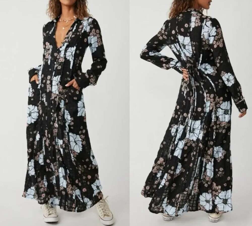 Free People Black Blue Back At It Floral Maxi Dress S